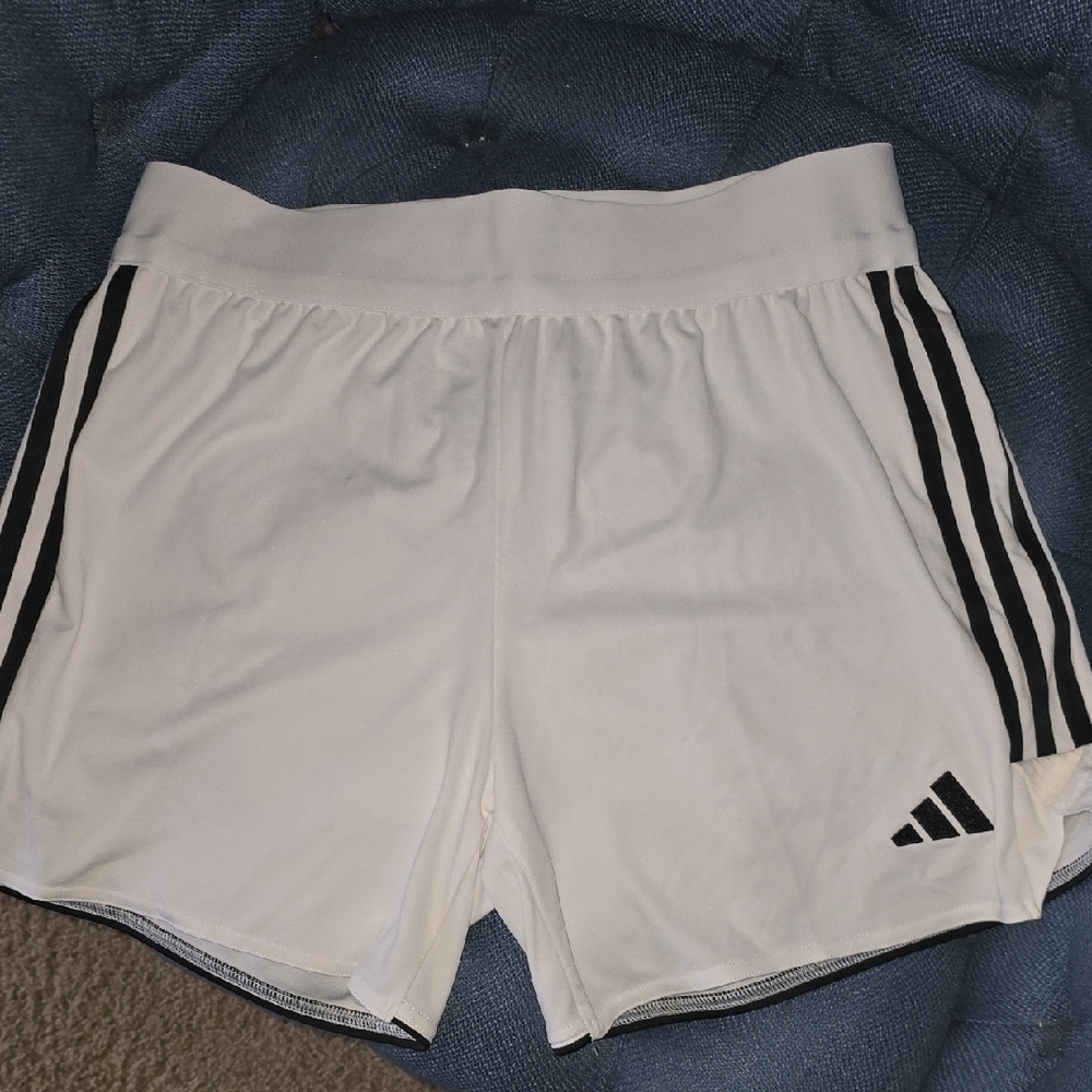 Adidas Women's White Athletic Shorts with Black Stripes, Medium